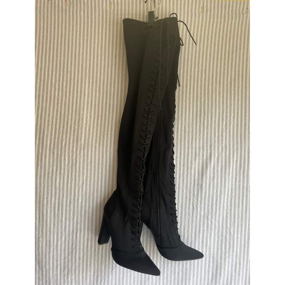 ASOS Black Over The‎ Knee Lace Up Boots Pointed Toe Block Heel Thigh High Size 6